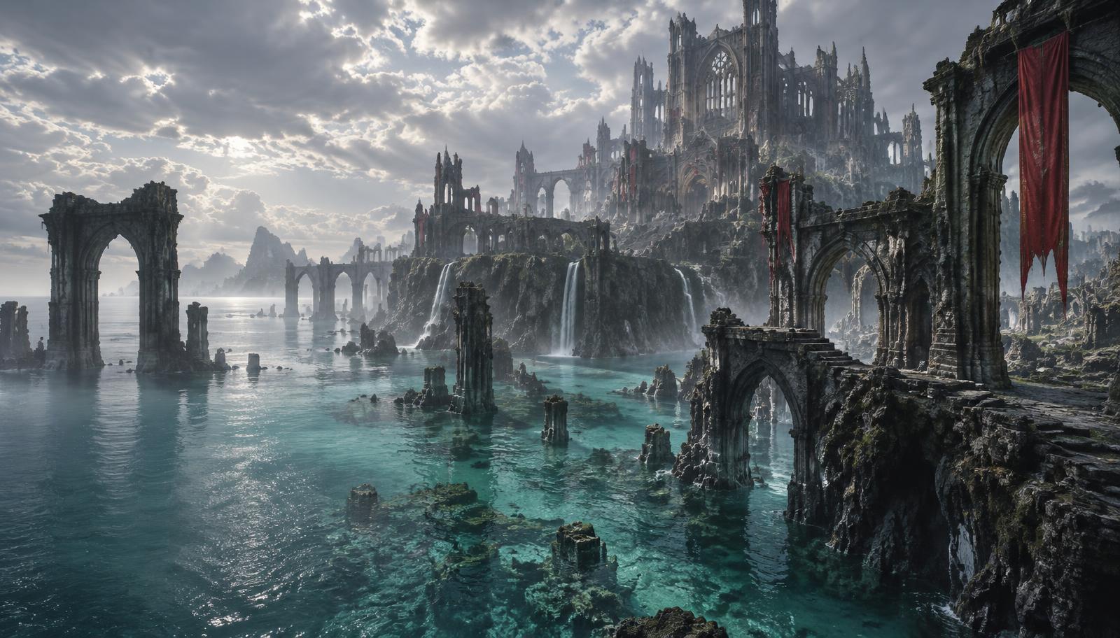 Original Orr-inspired ancient coastal ruins and cathedral above tidal waters